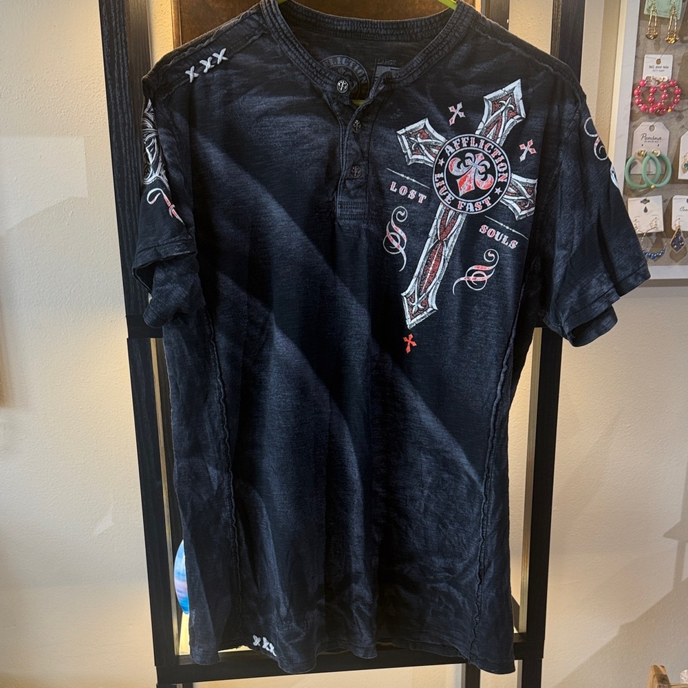 Affliction Black Tee with Cross and Skull Design